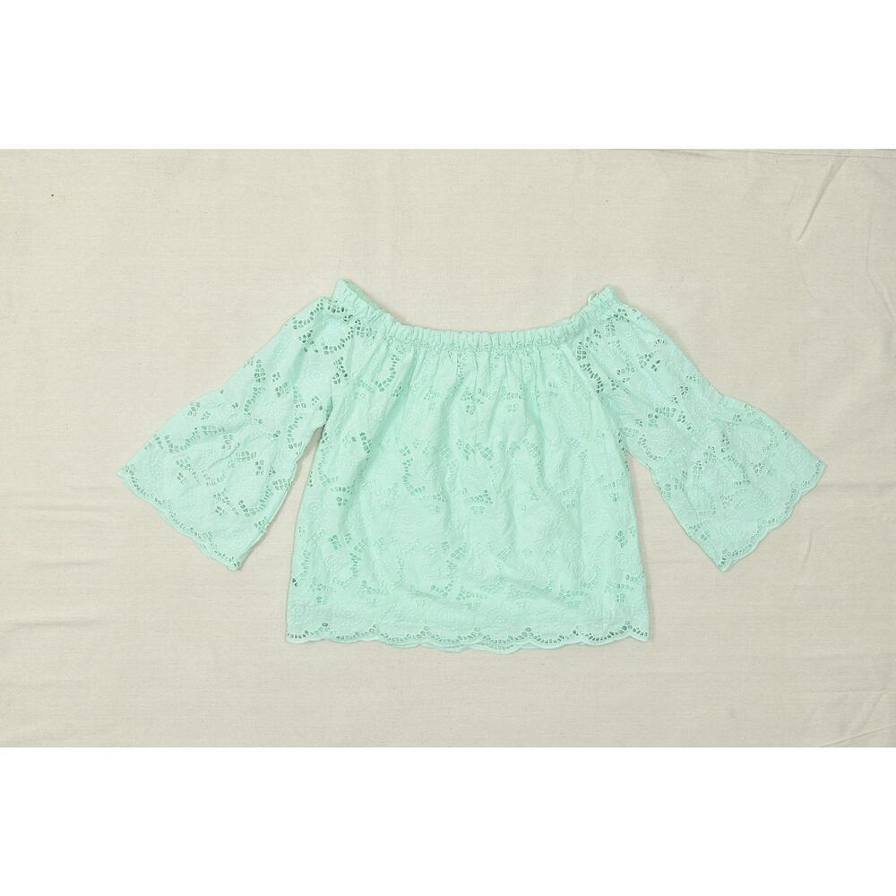CATO Women's Blue Green Eyelet Off Shoulder Bell Sleeve Top Blouse Size M Cotton - Picture 8 of 8